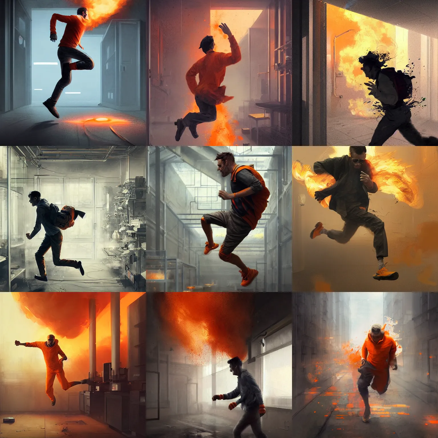 Prompt: a man in an orange jumpsuot running from smoke in a laboratory,digital art,ultra realistic,ultra detailed,art by greg rutkowski,detailed face