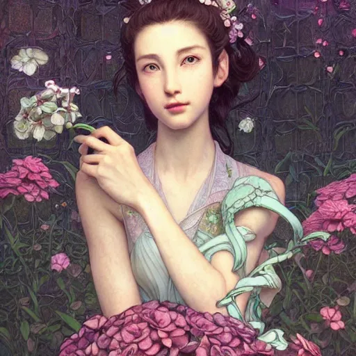 Image similar to aerith gainsborough, intricate, elegant, highly detailed, smooth, sharp focus, award - winning, masterpiece, in the bloom greenhouse, atmospheric lighting, perfect shadow, in the style of tom bagshaw, cedric peyravernay, peter mohrbacher, louis comfort tiffany, victo ngai, pinterest, 4 k hd illustrative wallpaper, chinese style