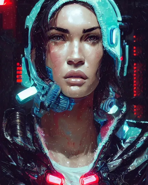 Image similar to detailed portrait megan fox cyborg operator girl cyberpunk futuristic neon reflective puffy coat, decorated with traditional japanese ornaments by ismail inceoglu dragan bibin hans thoma greg rutkowski alexandros pyromallis nekro rene margitte illustrated perfect face, fine details, realistic shaded, fine - face, pretty face