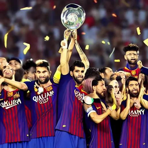 Image similar to fc barcelona team raising a lever as a trophy