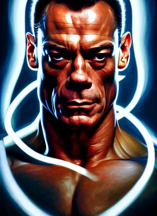 Image similar to symmetry!! portrait of jean claude van damme, cottagecore!! fitness body, glowing lights!! intricate, elegant, highly detailed, digital painting, artstation, concept art, smooth, sharp focus, illustration, art by artgerm and greg rutkowski and alphonse mucha