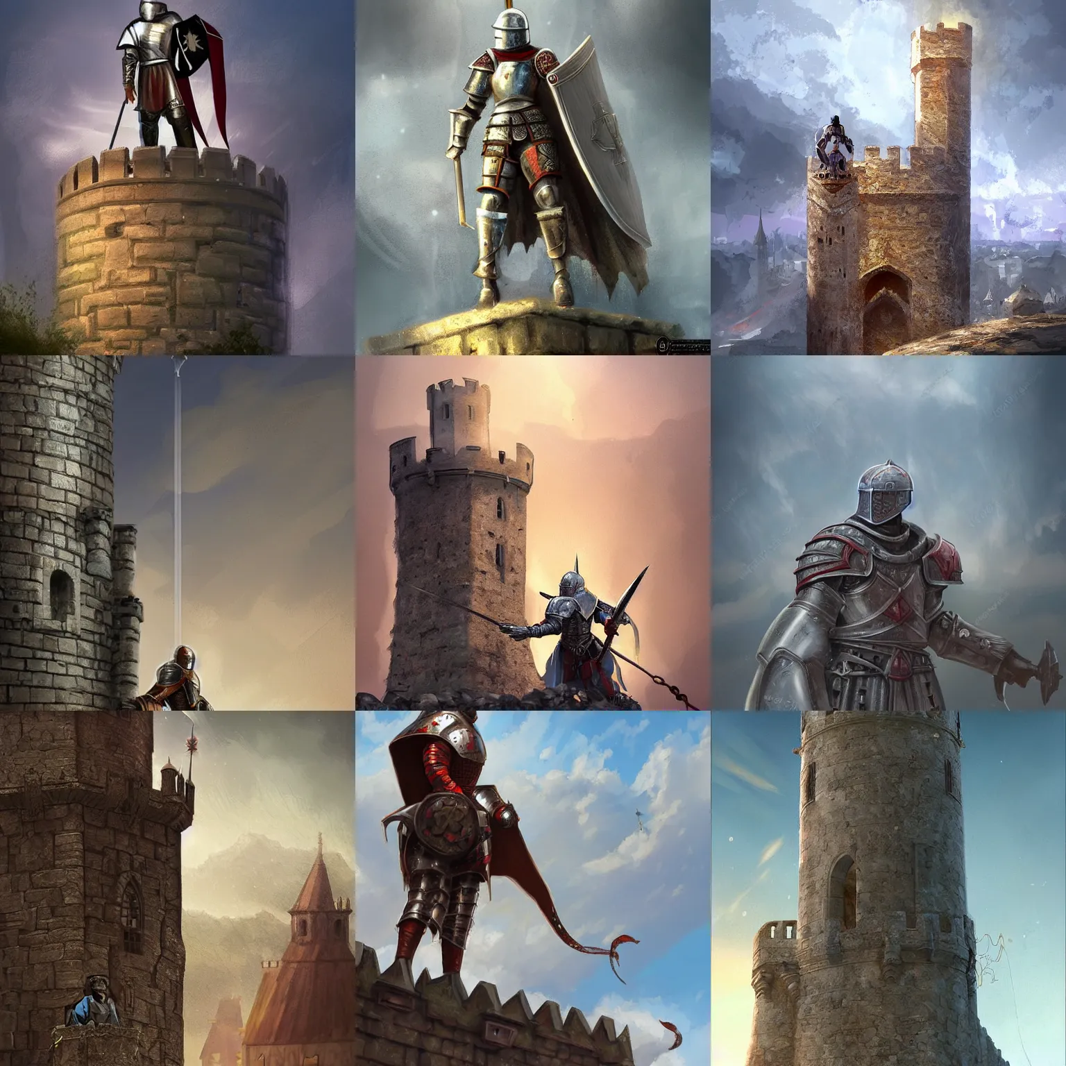 Prompt: translucent knight medieval knight on top of medieval castle tower, digital art, artstation, detailed