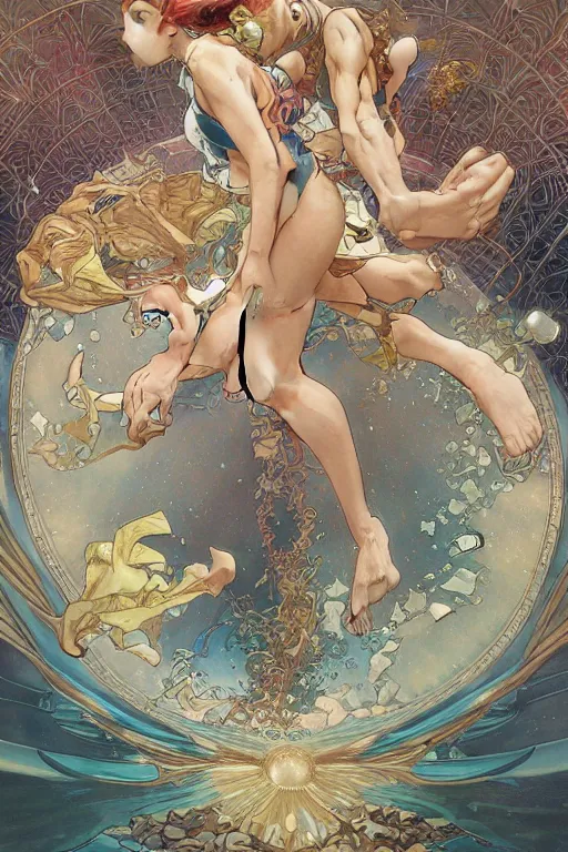 Image similar to swimming through time, by artgerm and yoshitaka amano and moebius and alphonse mucha, hyperdetailed, dc comics, ornate, nebula, explosions in the sky, trending on artstation