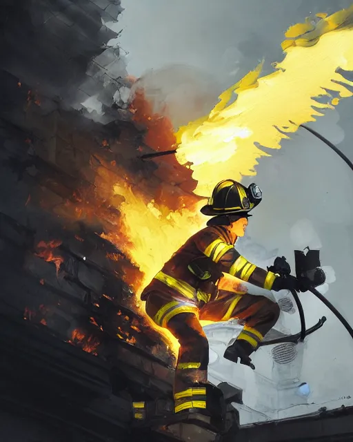 Image similar to heroic firefighter in action in black and yellow uniform, fire flames, sharp details, sharp focus, elegant, highly detailed, illustration, by jordan grimmer and greg rutkowski and pine ( ハイネ ) and 薯 子 imoko and 香 川 悠 作 and wlop and maya takamura, intricate