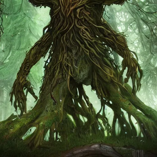 Image similar to giant green old treant creature, elven treant made of leaves and roots, old elven treant, old humanoid ents, old humanoid treant, epic fantasy style, green theme, forest background, hearthstone artwork