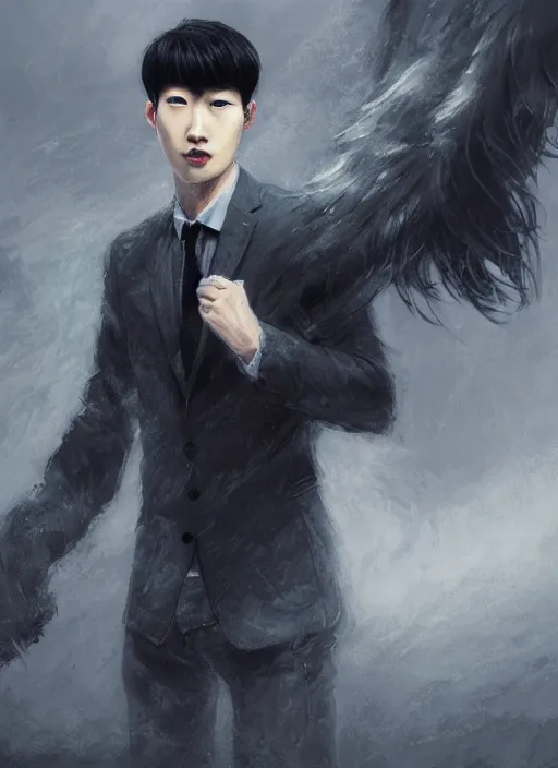 Image similar to a highly detailed illustration of attractive korean man with bowl cut black hair wearing shirt and tie with giant black mist claws, wielding giant black mist claws pose, tired expression, foggy black mist surrounding background, intricate, elegant, highly detailed, centered, digital painting, artstation, concept art, smooth, sharp focus, league of legends concept art, wlop.