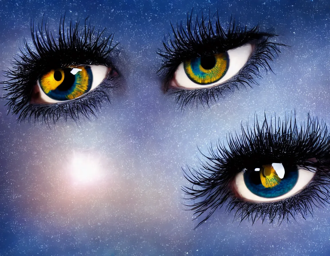 Prompt: sunset reflected on big eye closeup, blue eye, eyelash, stary sky, reflections, detailed, 4 k