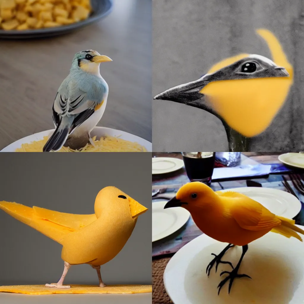 Prompt: Photo of a bird made of cheese