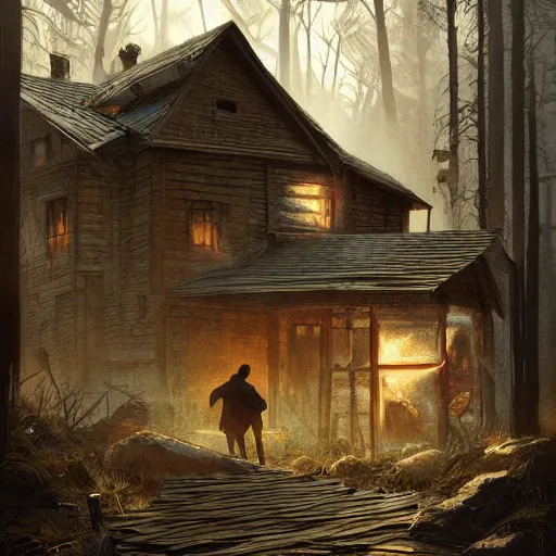 Image similar to two husbands leave each other inside broken wooden house, detailed intricate ink illustration, dark atmosphere, detailed illustration, hd, 4k, digital art, overdetailed art, concept art, by greg rutkowski, by loish, complementing colors, Trending on artstation, deviantart