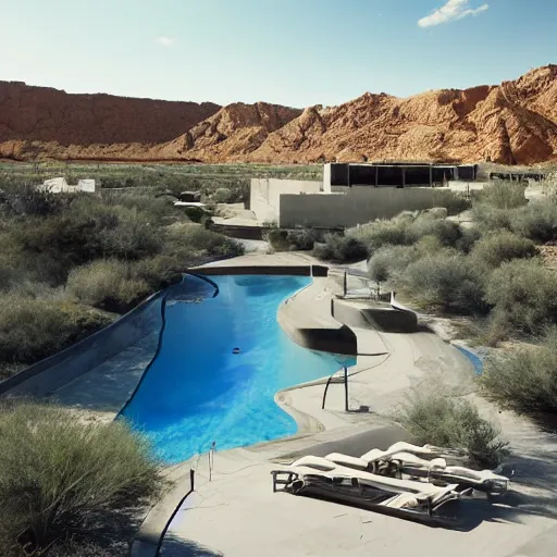 Image similar to brutalism luxury hotel in the desert, biophilia mood, pool, garden, highly detailed, cinematic, photorealistic,