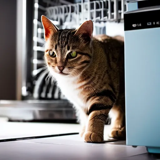 Image similar to cat behind dishwasher, higly detailed, great bokeh