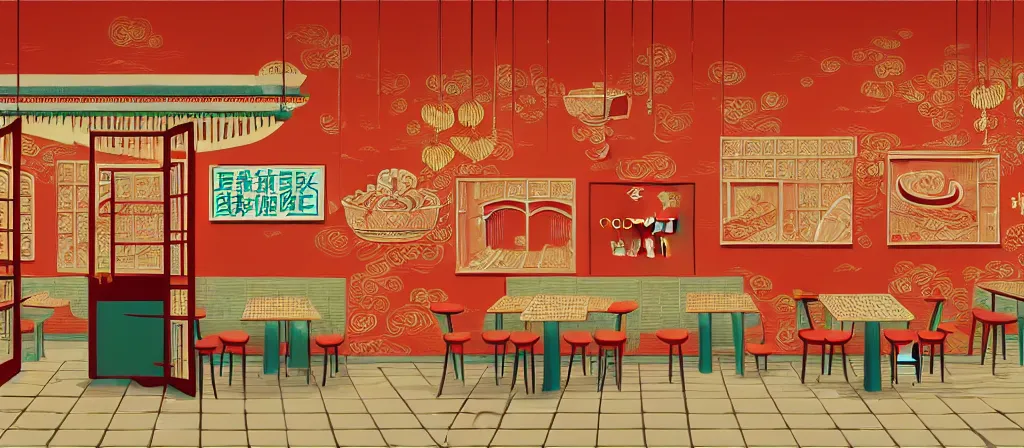 Image similar to a beautiful simple 4 k hd wall paper illustration of interior view of the corner of roasted string hotpot shop, simple style, wall painting, from china, with merchant logo, simple structure, surrealistic, chinese style, victo ngai, james jean, denoise, deblurring