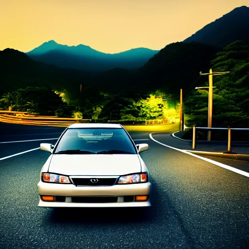 Image similar to a car Toyota JZX100 in middle of road, gunma prefecture, city sunset, cinematic color, photorealistic, highly detailed, bokeh