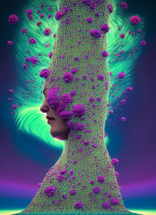 Image similar to hyper detailed 3d render like a Oil painting - Aurora (Singer) seen Eating of the Strangling network of yellowcake aerochrome and milky Fruit and Her delicate Hands hold of gossamer polyp blossoms bring iridescent fungal flowers whose spores black the foolish stars by Jacek Yerka, Mariusz Lewandowski, Houdini algorithmic generative render, Abstract brush strokes, Masterpiece, Edward Hopper and James Gilleard, Zdzislaw Beksinski, Mark Ryden, Wolfgang Lettl, hints of Yayoi Kasuma, octane render, 8k