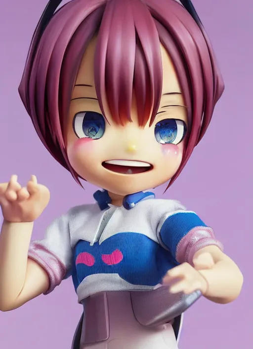 Prompt: a hyperrealistic oil panting of a looney kawaii vocaloid figurine caricature with a big dumb goofy grin, rosy cheeks with freckles, and pretty sparkling anime eyes featured on Wallace and Gromit by Makoto Shinkai