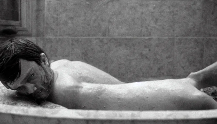Prompt: 1 9 6 0 s movie still by tarkovsky of marat stabbed in his bath, cinestill 8 0 0 t 3 5 mm b & w, high quality, heavy grain, high detail, panoramic, cinematic composition, dramatic light, anamorphic, jacques louis david style, raphael style, piranesi style