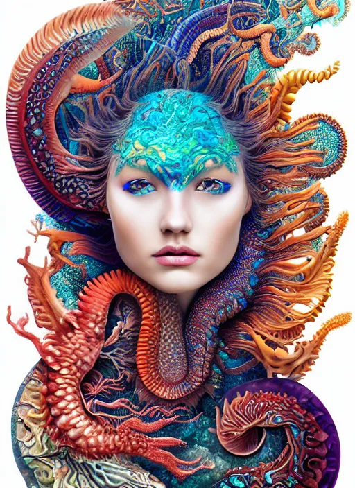 Prompt: ridiculously beautiful young womans face in full color, layers of intricate swirling dimensions, coral, sea dragons, scales, tropical fish, symmetrical, in the style of ernst haeckel, effervescent, sacred geometry, surrealism, photo realistic, epic and cinematic, 3 d, clear, sharp,