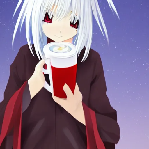 Image similar to white hair, red eyes, two small horn on the head, anime style, anime girl holding a cup of coffee