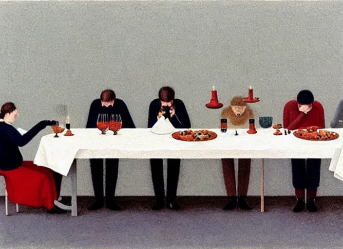 Prompt: a very boring dinner party, painting by quint buchholz, muted colors, gray, dull, boring, low energy, pale blue faces, very detailed