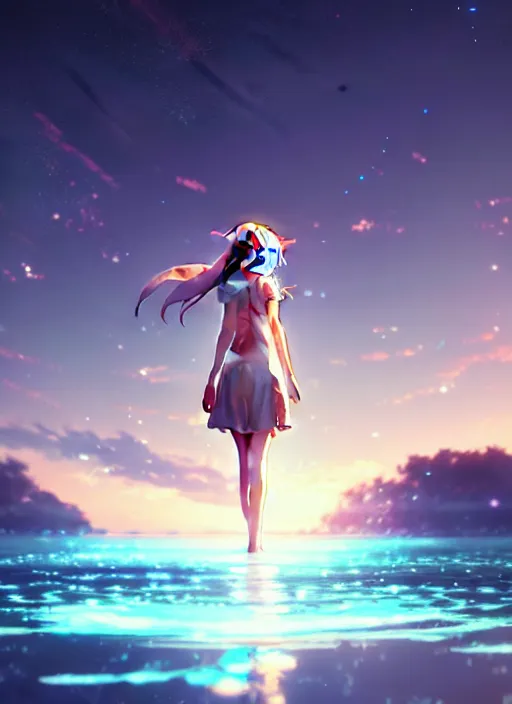 Image similar to anime girl walking on water, ripples, backdrop of dawn, saturn in the background, illustration, concept art, anime, key visual, trending pixiv fanbox by wlop and greg rutkowski and makoto shinkai and studio ghibli