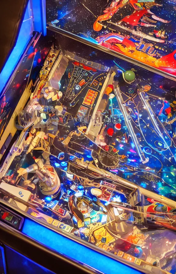 Image similar to Overhead shot of a lit up space-themed retro pinball machine in an arcade, detailed, studio lighting