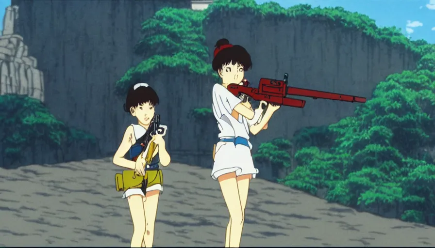 Prompt: 1 9 8 6 anime screencap of a girl with a gun on a rio de janeiro anime, by hayao miyazaki, studio ghibli, rio background extremely high quality artwork