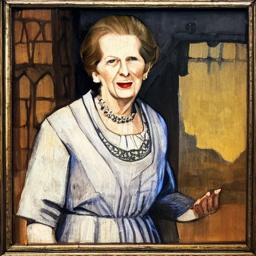 Prompt: margaret thatcher as a 1 2 th century peasant in england, painting, exhibited at british museum, oil on canvas, restored, art, 1 2 th century