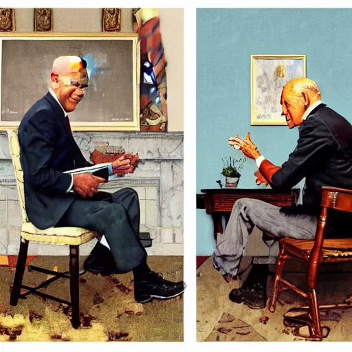 Image similar to a portrait painting by Norman Rockwell of Joe Biden sitting in a chair. Cozy fire. two Legs apart