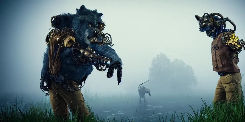 Image similar to gamekeeper wearing a steampunk and neonpunk mechanical fluorescent mystical animal mask in strange misty estuary landscape fight with werewolf, night, realism in style of fornite game, 4 k, octane render, award winning photograph, epic cinematic shot, perfectly defined features, ambient occlusion