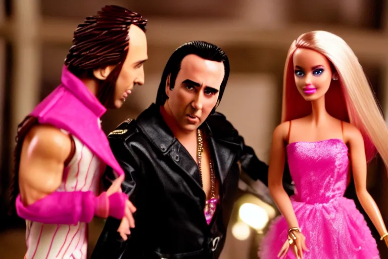 Prompt: Nicolas cage party barbie high resolution still film