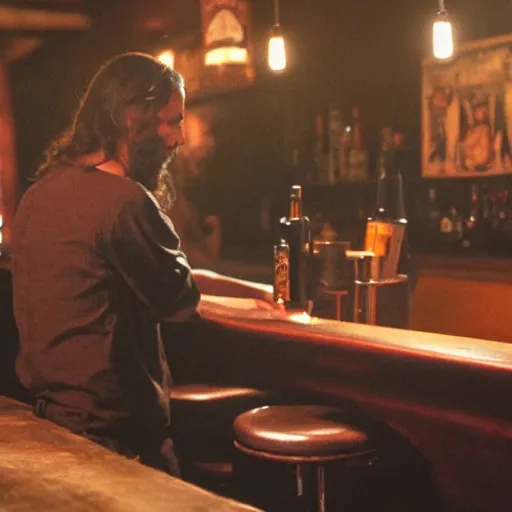 Image similar to a still of jesus sitting on a stool at the bar, last call. dark, smoky. he's looking to sin