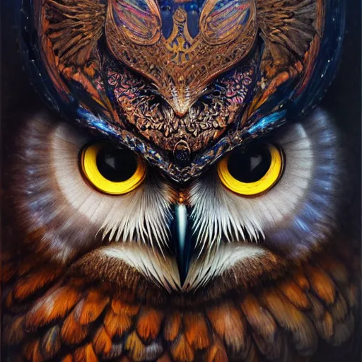 Image similar to a ultradetailed beautiful concept art of a an intricate wooden mask of an owl painted with beautiful colors, but the mask hide some dark secret, photorealism, ome reflexion in eyes, sharp details, volumetric light, high resolution 4 k, by tom bagshaw, greg rutkowski, charli bowater and artgeem