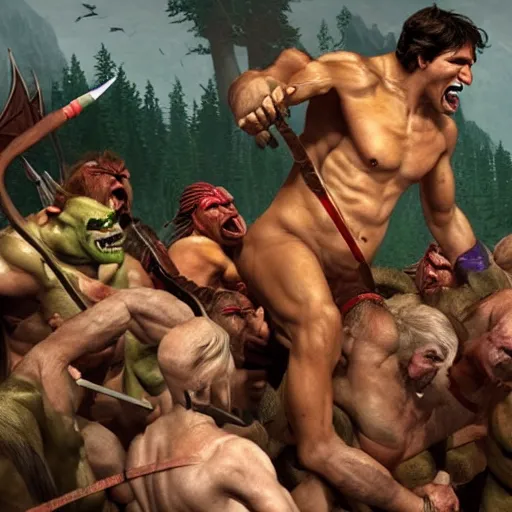 Prompt: justin trudeau in a fighting pit with orcs, fantasy, HD,