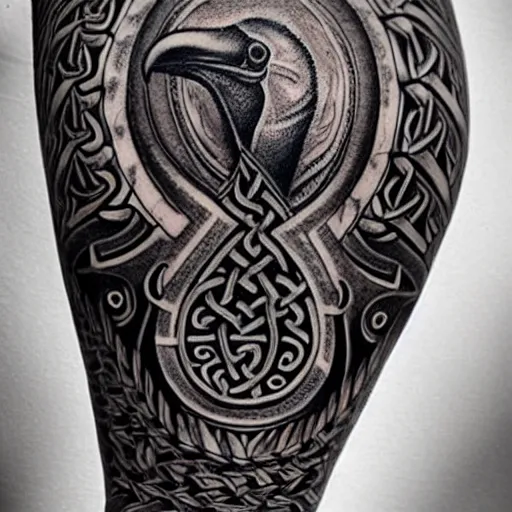 Image similar to photograph of a sleeve tattoo, black ink, intricate celtic pattern in the shape of a raven, highly-detailed, beautiful, award winning, 8k
