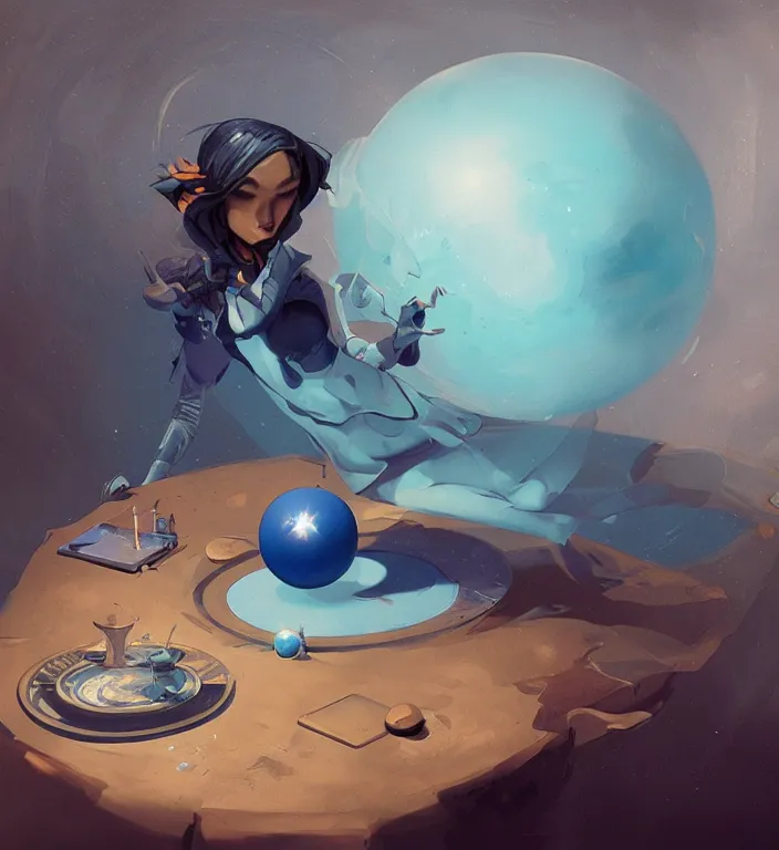 Prompt: a blue ball on a table, digital art by Peter Mohrbacher