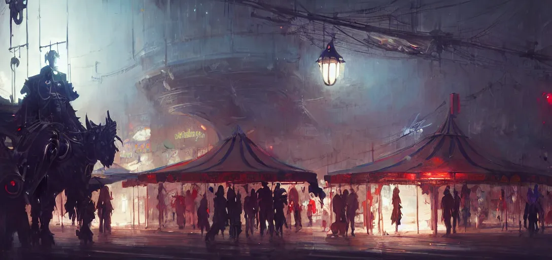 Image similar to close - up of cyborg knights exploring small town amusement, gas lamps, food stalls, cyberpunk big top circus tent, highly detailed, nightmare, neo alien, digital painting, concept art, matte, art by ruan jia and wlop and greg rutkowski and makoto shinkai, masterpiece