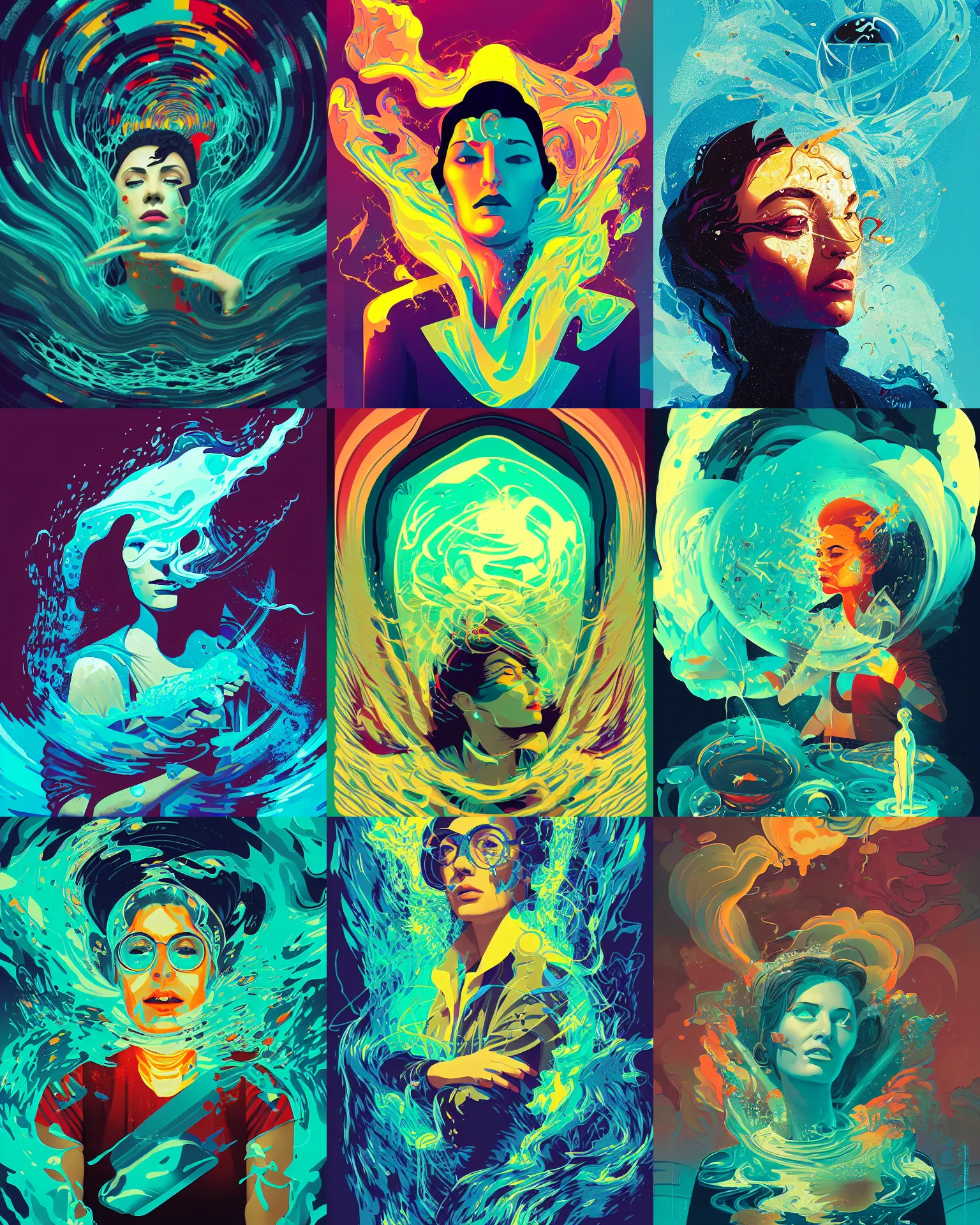 Prompt: priestess in a chaotic storm of liquid smoke, portrait, by petros afshar, ross tran, tom whalen, peter mohrbacher, shattered glass, bubbly underwater scenery, radiant light
