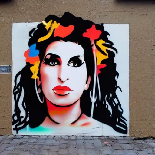 Prompt: Street-art portrait of amy winehouse in style of Banksy, photorealism