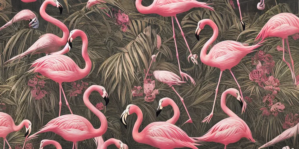 Prompt: breathtaking detailed concept art painting art deco pattern of birds, flamingos, amalmation blend of flowers and birds, by john james audubon, bizarre compositions, exquisite detail, extremely moody lighting, 8 k