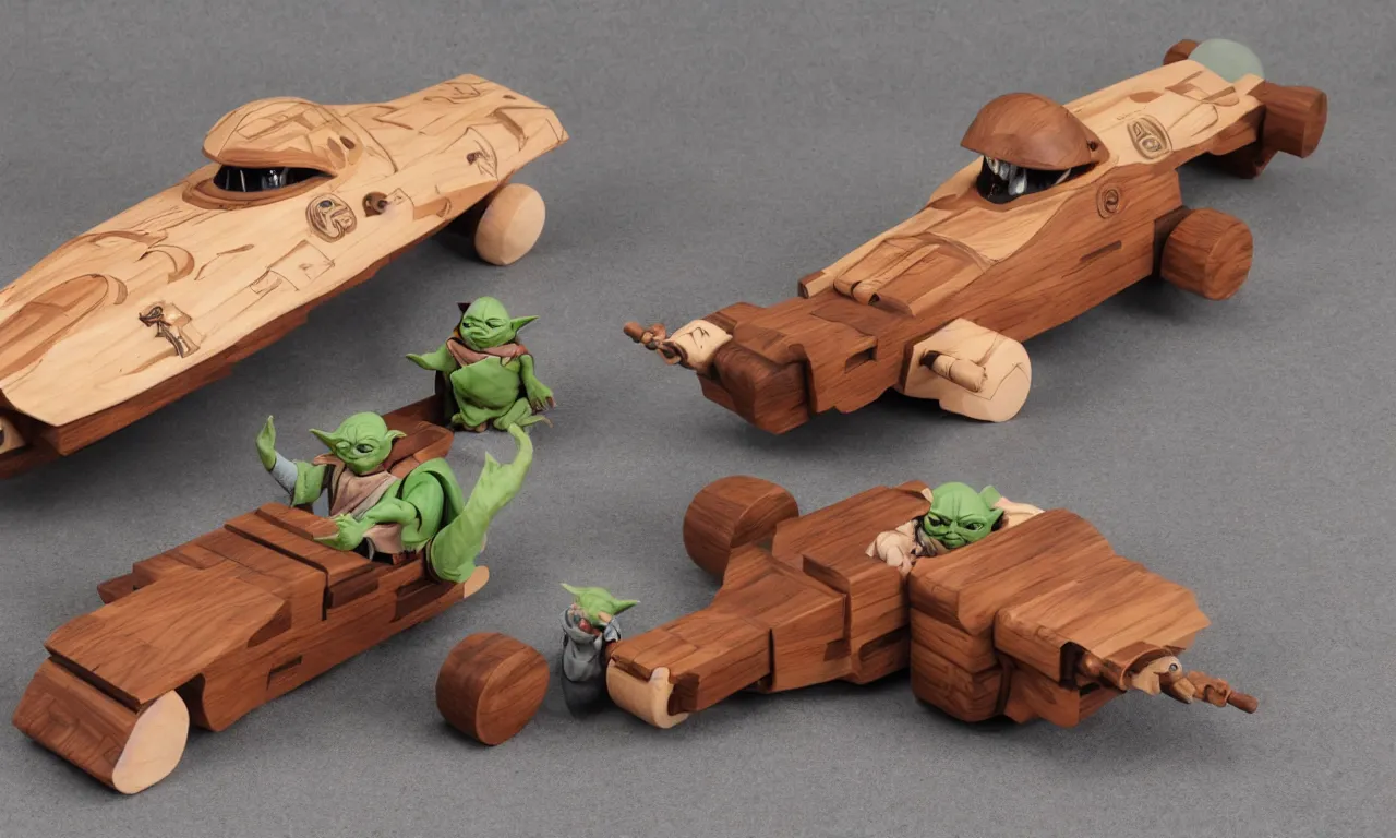 Prompt: wooden jedi, speeder piloted by yoda, wooden board, mahogany, tatooine, nordic pastel colors, perfect lightning