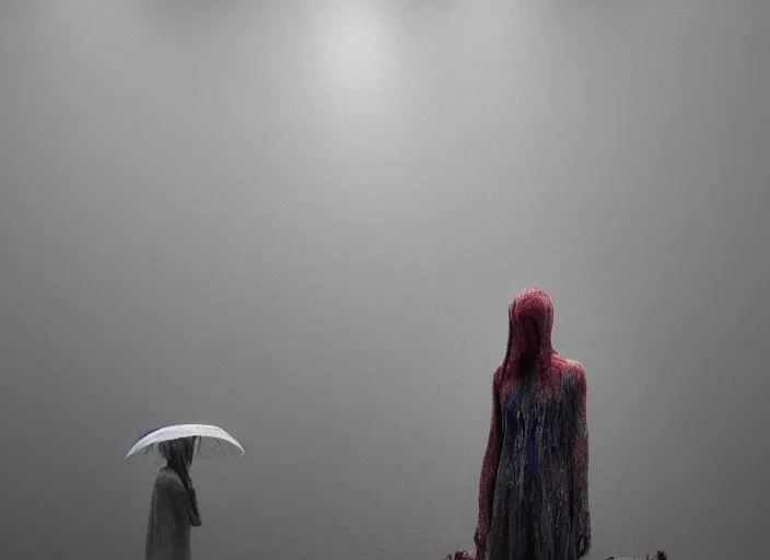 Prompt: rgb, woman, rain!!!!, cinematic, movie scene, inspired by zdzislaw beksinski, clothes made out of veins,, cables everywhere, bedroom, ultra realistic, concept art, intricate details, highly detailed, photorealistic, octane render, 8 k