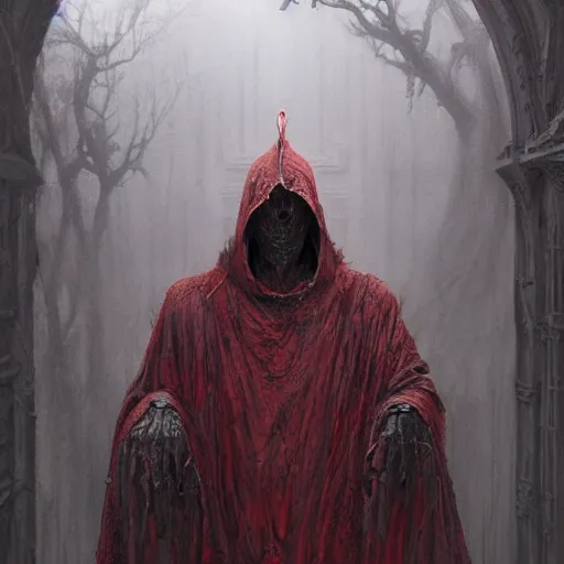 Image similar to The faceless god of chaos in a hood with a scarlet scythe dark fantasy, intricate, smooth, artstation, painted by Wayne Barlowe, Greg Rutkowski, zdislav beksinski