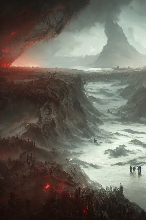 Image similar to bloody river in hell, by greg rutkowski, people walking into the horizon, trending on artstation