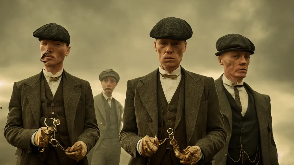 Prompt: the peaky blinders made out of peanuts, film still from the movie directed by denis villeneuve with art direction by zdzis