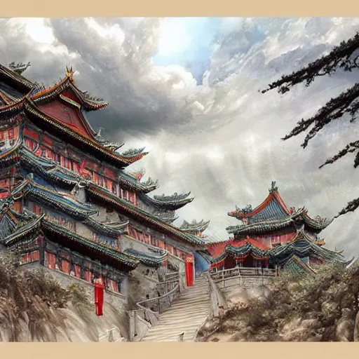 Image similar to dynamic composition, motion, ultra-detailed, incredibly detailed, a lot of details, amazing fine details and brush strokes, colorful and grayish palette, smooth, HD semirealistic anime CG concept art digital painting, watercolor oil painting of epic castle gate, from Three Kingdoms, by a Chinese artist at ArtStation, by Huang Guangjian, Fenghua Zhong, Ruan Jia, Xin Jin and Wei Chang. Realistic artwork of a Chinese videogame, gradients, gentle an harmonic grayish colors.