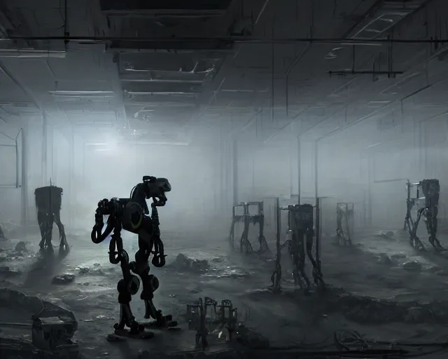 Image similar to spot boston dynamics in gloomy ruined server room in datacenter painting concept art of colossus, sharp focus, emitting diodes, smoke, artillery, pacing, computers, racks, motherboard, by pascal blanche rutkowski artstation detailed matte painting, 4 k resolution