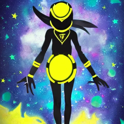 Image similar to ! dream black suit catgirl yellow motorcycle helmet, floating through galaxy colorful swirling stars, celty sturluson