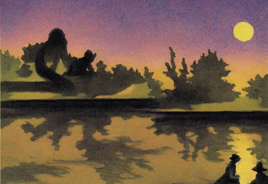 Prompt: silhouetted figures in the night enshrouded in an impressionist representation of Mother Nature and the meaning of life by Edward Hopper and Igor Scherbakov, the figures cast their shadows on the still water, abstract colorful lake garden at night, the moon reflects in the water, thick visible brush strokes, figure painting by Anthony Cudahy and Rae Klein, vintage postcard illustration, a masterpiece of a grand scene