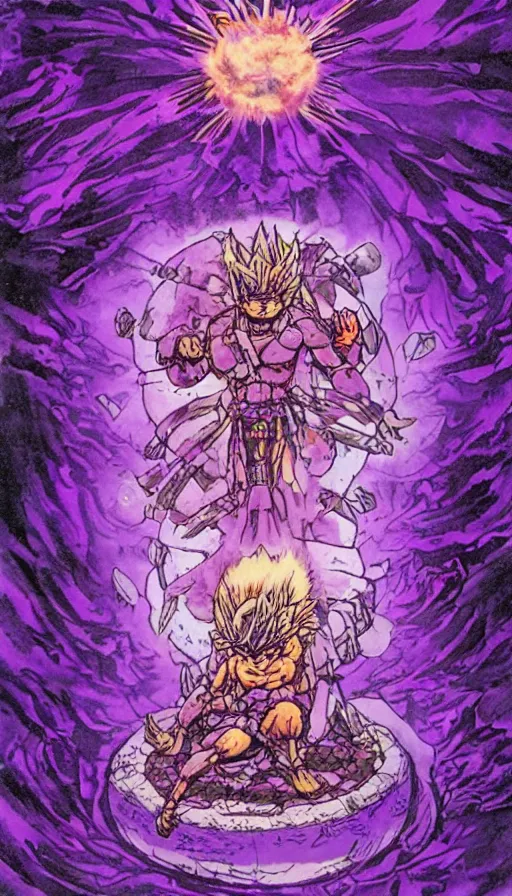 Prompt: a future scifi ancient god on the middle of a purple forest holding a portal that's about to explode, illustration, art by Akira Toriyama