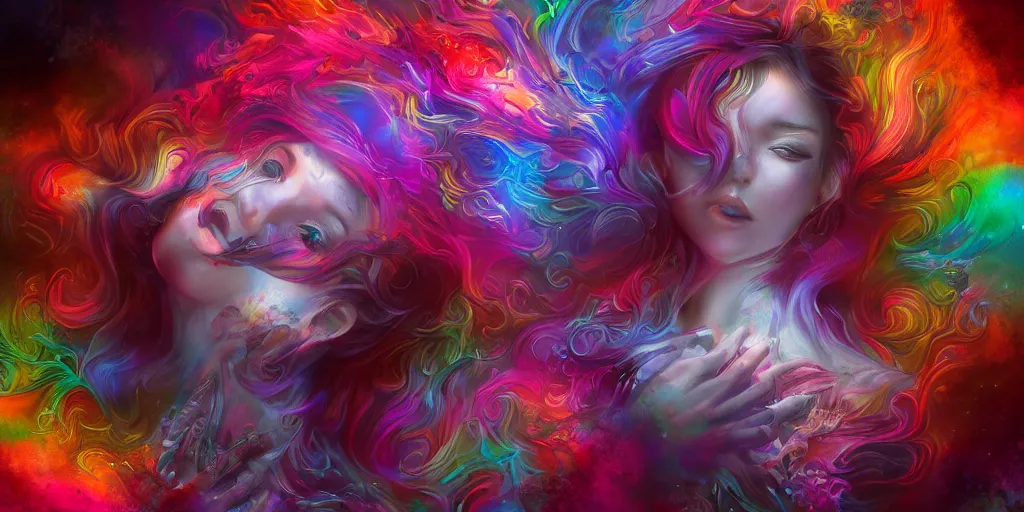 Prompt: dreamscape, female, ross tran, vivid colors, rainbow colors, anatomical, highly detailed sculpture, intricate detailed, ommatidia, 8 k, cinematic atmosphere, post - processing